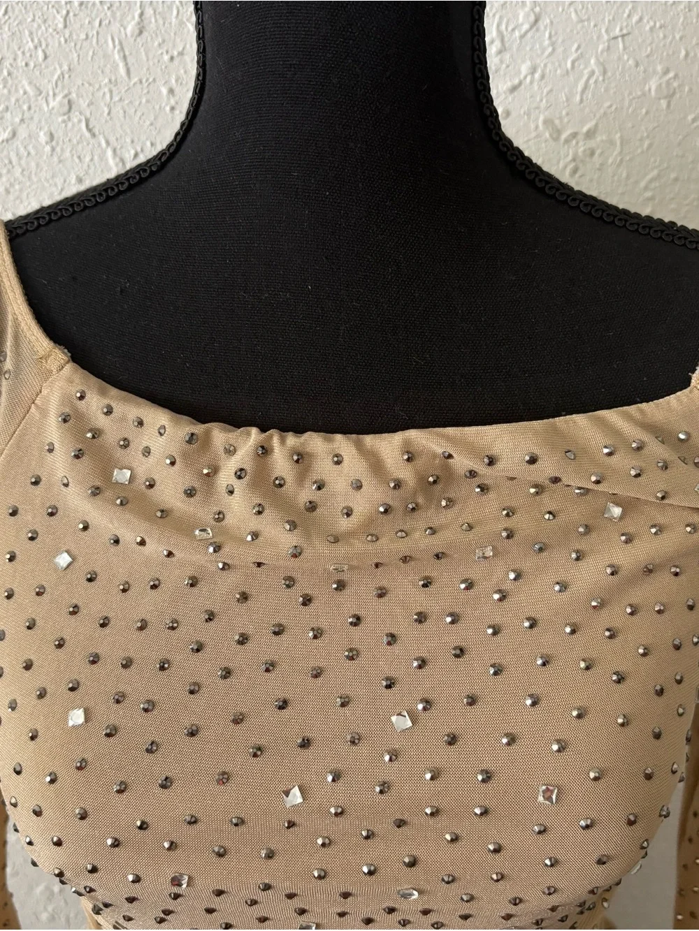 Windsor Nude-Beige Long Sleeve Ruched Bodycon Dress with Stud Details